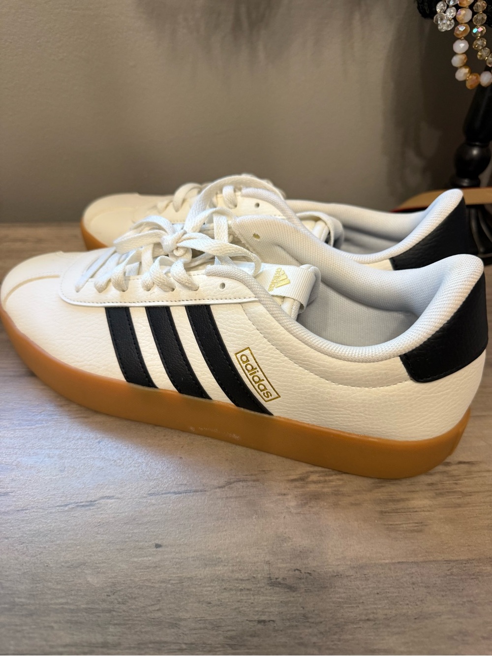 adidas White Sneakers with Black Stripes and Gum Sole